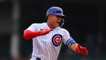 CHICAGO, ILLINOIS - SEPTEMBER 06: Miguel Amaya #6 of the Chicago Cubs celebrates after hitting a solo home run against the San Francisco Giants during the fourth inning against the San Francisco Giants at Wrigley Field on September 06, 2023 in Chicago, Illinois. (Photo by Michael Reaves/Getty Images)