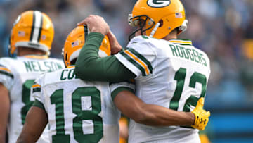 Dec 17, 2017; Charlotte, NC, USA; Green Bay Packers wide receiver Randall Cobb (18) reacts with quarterback Aaron Rodgers (12) in the second quarter at Bank of America Stadium. Mandatory Credit: Bob Donnan-USA TODAY Sports