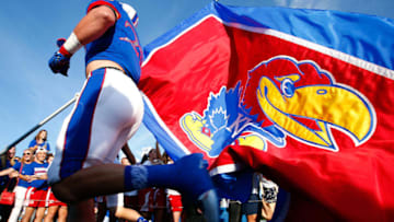 LAWRENCE, KS - SEPTEMBER 12: The Kansas Jayhawks run onto the field prior to the game against the Memphis Tigers at Memorial Stadium on September 12, 2015 in Lawrence, Kansas. (Photo by Jamie Squire/Getty Images)