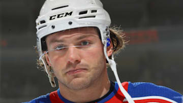 PHILADELPHIA, PA - MARCH 25: Brendan Lemieux #48 of the New York Rangers looks on prior to the game against the Philadelphia Flyers at the Wells Fargo Center on March 25, 2021 in Philadelphia, Pennsylvania. (Photo by Mitchell Leff/Getty Images)
