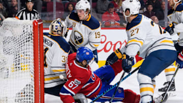 MONTREAL, QC - NOVEMBER 11: Montreal Canadiens left wing Max Pacioretty (67) collides with Buffalo Sabres goalie Chad Johnson (31) during the second period of the NHL game between the Buffalo Sabres and the Montreal Canadiens on November 11, 2017, at the Bell Centre in Montreal, QC(Photo by Vincent Ethier/Icon Sportswire via Getty Images)