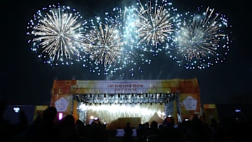 BUSAN, SOUTH KOREA - NOVEMBER 04: Fireworks explode during the PyeongChang 2018 Winter Olympic Games torch relay on November 4, 2017 in Busan, South Korea. (Photo by Chung Sung-Jun/Getty Images)