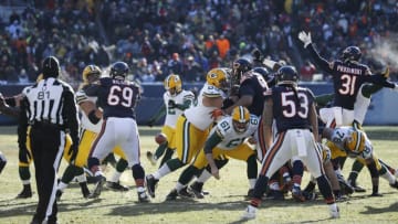 CHICAGO, IL - DECEMBER 18: The Green Bay Packers battle at the line of scrimmage against the Chicago Bears during the game at Soldier Field on December 18, 2016 in Chicago, Illinois. The Packers defeated the Bears 30-27. (Photo by Joe Robbins/Getty Images) *** Local Caption ***