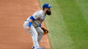 WASHINGTON, DC - SEPTEMBER 26: Luis Guillorme #13 of the New York Mets plays third base against the Washington Nationals during game 1 of a double header at Nationals Park on September 26, 2020 in Washington, DC. (Photo by G Fiume/Getty Images)