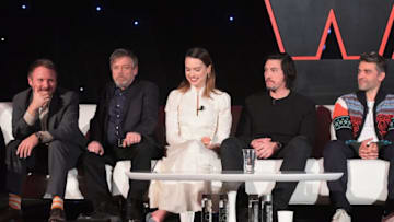 LOS ANGELES, CA - DECEMBER 03: (L-R) Director Rian Johnson, actors Mark Hamill, Daisy Ridley, Adam Driver and Oscar Isaac attend the press conference for the highly anticipated Star Wars: The Last Jedi at InterContinental Los Angeles on December 3, 2017 in Los Angeles, California. (Photo by Charley Gallay/Getty Images for Disney )
