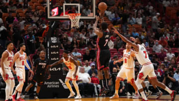 Miami Heat guard Kyle Lowry (7) attempts a three point shot against the Chicago Bulls(Jasen Vinlove-USA TODAY Sports)