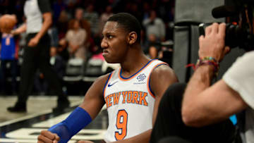 NEW YORK, NEW YORK - OCTOBER 25: RJ Barrett #9 of the New York Knicks reacts after a Brooklyn Nets foul call in the second half of their game at Barclays Center on October 25, 2019 in the Brooklyn borough of New York City. NOTE TO USER: User expressly acknowledges and agrees that, by downloading and or using this photograph, User is consenting to the terms and conditions of the Getty Images License Agreement. (Photo by Emilee Chinn/Getty Images)