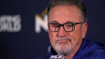 CHICAGO, IL - OCTOBER 18: Manager Joe Maddon of the Chicago Cubs speaks to the media after beating the Los Angeles Dodgers 3-2 in game four of the National League Championship Series at Wrigley Field on October 18, 2017 in Chicago, Illinois. (Photo by Dylan Buell/Getty Images)