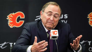 Feb 28, 2023; Calgary, Alberta, CAN; Commissioner Gary Bettman during interview prior to the game between the Calgary Flames and the Boston Bruins at Scotiabank Saddledome. Mandatory Credit: Sergei Belski-USA TODAY Sports