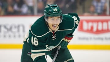 Apr 20, 2016; Saint Paul, MN, USA; Minnesota Wild defenseman Jared Spurgeon (46) waits for the faceoff in the first period against the Dallas Stars in game four of the first round of the 2016 Stanley Cup Playoffs at Xcel Energy Center. Mandatory Credit: Brad Rempel-USA TODAY Sports