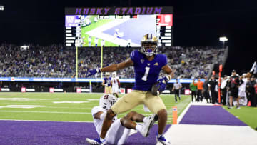 SEATTLE, WASHINGTON - SEPTEMBER 24: Rome Odunze #1 of the Washington Huskies looks on after scoring a touchdown during the third quarter of the game against the Stanford Cardinal at Husky Stadium on September 24, 2022 in Seattle, Washington. The Washington Huskies won 40-22. (Photo by Alika Jenner/Getty Images)