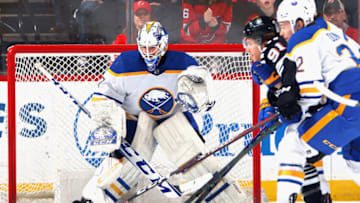 NEWARK, NEW JERSEY - APRIL 11: Devon Levi #27 of the Buffalo Sabres against the New Jersey Devils at the Prudential Center on April 11, 2023 in Newark, New Jersey. (Photo by Bruce Bennett/Getty Images)