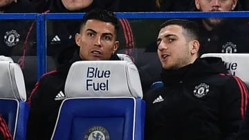 Manchester United's Portuguese striker Cristiano Ronaldo (L) and Portuguese defender Diogo Dalot (R) at Chelsea (Photo by BEN STANSALL/AFP via Getty Images)