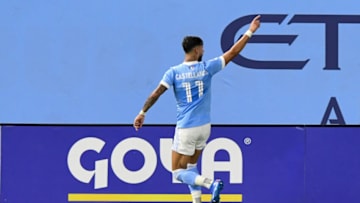Aug 28, 2021; New York, New York, USA; New York City midfielder Valentin Castellanos (11) celebrates his second goal against the New England Revolution during the second half at Yankee Stadium. Mandatory Credit: Dennis Schneidler-USA TODAY Sports