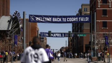DENVER, CO - APRIL 1: Fans walk down Blake Street on Opening Day ahead of a game between the Colorado Rockies and the Los Angeles Dodgers at Coors Field on April 1, 2021 in Denver, Colorado. (Photo by Justin Edmonds/Getty Images)