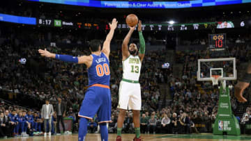 BOSTON, MA - DECEMBER 6: Marcus Morris #13 of the Boston Celtics shoots the ball against the New York Knicks on December 6, 2018 at the TD Garden in Boston, Massachusetts. NOTE TO USER: User expressly acknowledges and agrees that, by downloading and/or using this photograph, user is consenting to the terms and conditions of the Getty Images License Agreement. Mandatory Copyright Notice: Copyright 2018 NBAE (Photo by Brian Babineau/NBAE via Getty Images)