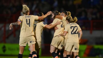 Niamh Charles of Chelsea celebrates with teammates (Photo by Alex Davidson/Getty Images)