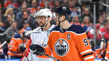 EDMONTON, AB - OCTOBER 28: Connor McDavid #97 of the Edmonton Oilers and Alex Ovechkin #8 the Washington Capitals wait for play to begin on October 28, 2017 at Rogers Place in Edmonton, Alberta, Canada. (Photo by Andy Devlin/NHLI via Getty Images)