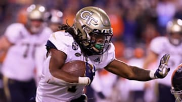 CHARLOTTESVILLE, VA - OCTOBER 23: Jahmyr Gibbs #1 of the Georgia Tech Yellow Jackets rushes during a game against the Virginia Cavaliers at Scott Stadium on October 23, 2021 in Charlottesville, Virginia. (Photo by Ryan M. Kelly/Getty Images)