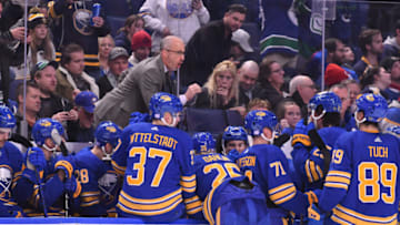 Nov 15, 2022; Buffalo, New York, USA; Buffalo Sabres head coach Don Granato speaks to his team during a timeout in the third period at KeyBank Center. Mandatory Credit: Mark Konezny-USA TODAY Sports
