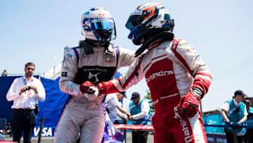 NEW YORK, NY - JULY 16: Felix Rosenqvist (SWE), Mahindra Racing, Spark-Mahindra, Mahindra M3ELECTRO, congratulates Sam Bird (GBR), DS Virgin Racing, Spark-Citroen, Virgin DSV-02 in Parc Ferme during the New York City ePrix, tenth round of the 2016/17 FIA Formula E Series on July 16, 2017 in Brooklyn, New York City, NY, USA. (Photo by Sam Bloxham/LAT Images)