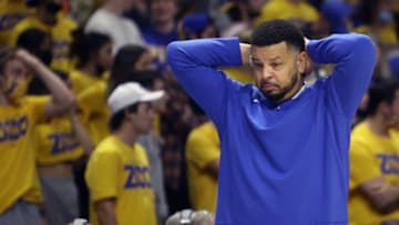 Nov 19, 2021; Pittsburgh, Pennsylvania, USA; Pittsburgh Panthers head coach Jeff Capel reacts on the sidelines against the Towson Tigers during the second half at the Petersen Events Center. Pittsburgh won 63-59. Mandatory Credit: Charles LeClaire-USA TODAY Sports