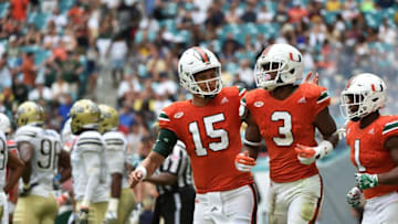 Nov 5, 2016; Miami Gardens, FL, USA; Miami Hurricanes quarterback Brad Kaaya (left) celebrates Hurricanes wide receiver Stacy Coley (right) touchdown catch during the second half against Pittsburgh Panthers at Hard Rock Stadium. Mandatory Credit: Steve Mitchell-USA TODAY Sports