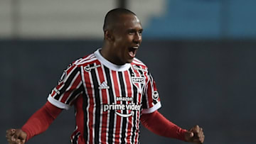 Brazil's Sao Paulo Marquinhos celebrates after scoring against Argentina's Racing Club during their Copa Libertadores round of 16 second leg football match at the Presidente Peron Stadium in Avellaneda, Buenos Aires province on July 20, 2021. (Photo by Marcelo Endelli / POOL / AFP) (Photo by MARCELO ENDELLI/POOL/AFP via Getty Images)