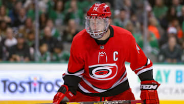 DALLAS, TX - FEBRUARY 23: Carolina Hurricanes right wing Justin Williams (14) sets up for a face-off during the game between the Carolina Hurricanes and the Dallas Stars on February 23, 2019 at American Airlines Center in Dallas, TX. (Photo by Andrew Dieb/Icon Sportswire via Getty Images)