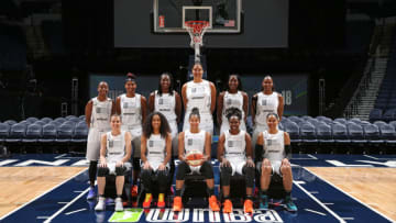 MINNEAPOLIS - JULY 28: Back Row (L-R) Jewell Loyd, Angel McCoughtry, Tina Charles, Liz Cambage, Chiney Ogwumike, Rebekkah Brunson. Front Row (L-R) Allie Quigley, Skylar Diggins-Smith, Candace Parker, Chelsea Gray, and Maya Moore of Team Parker pose for a photo during the Verizon WNBA All-Star Game on July 28, 2018 at the Target Center in Minneapolis, Minnesota. NOTE TO USER: User expressly acknowledges and agrees that, by downloading and/or using this photograph, user is consenting to the terms and conditions of the Getty Images License Agreement. Mandatory Copyright Notice: Copyright 2018 NBAE (Photo by David Sherman/NBAE via Getty Images)
