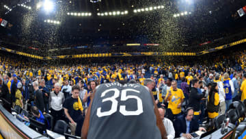 OAKLAND, CA - APRIL 30: Kevin Durant #35 of the Golden State Warriors looks on after defeating the Houston Rockets in Game Two of the Western Conference Semi-Finals of the 2019 NBA Playoffs on April 30, 2019 at ORACLE Arena in Oakland, California. NOTE TO USER: User expressly acknowledges and agrees that, by downloading and or using this photograph, user is consenting to the terms and conditions of Getty Images License Agreement. Mandatory Copyright Notice: Copyright 2019 NBAE (Photo by Andrew D. Bernstein/NBAE via Getty Images)