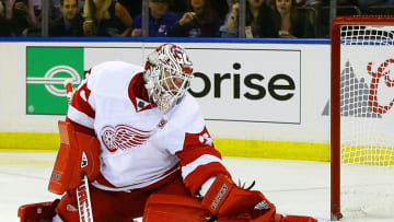 Oct 19, 2016; New York, NY, USA; Detroit Red Wings goaltender Jimmy Howard (35) makes a save against the New York Rangers during the second period at Madison Square Garden. Mandatory Credit: Andy Marlin-USA TODAY Sports