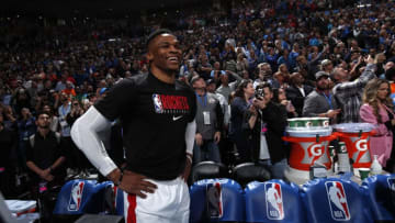 OKLAHOMA CITY, OK - JANUARY 9: Russell Westbrook #0 of the Houston Rockets looks on during his welcoming back video to Oklahoma City before the game on January 9, 2020 at Chesapeake Energy Arena in Oklahoma City, Oklahoma. NOTE TO USER: User expressly acknowledges and agrees that, by downloading and or using this photograph, User is consenting to the terms and conditions of the Getty Images License Agreement. Mandatory Copyright Notice: Copyright 2020 NBAE (Photo by Jeff Haynes/NBAE via Getty Images)