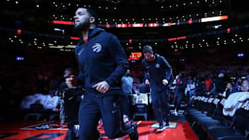 TORONTO, ON - MAY 03: Fred VanVleet #23 of the Toronto Raptors runs onto the court for warm up, prior to the first half of Game Two of the Eastern Conference Semifinals against the Cleveland Cavaliers during the 2018 NBA Playoffs at Air Canada Centre on May 3, 2018 in Toronto, Canada. NOTE TO USER: User expressly acknowledges and agrees that, by downloading and or using this photograph, User is consenting to the terms and conditions of the Getty Images License Agreement. (Photo by Vaughn Ridley/Getty Images)