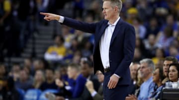 OAKLAND, CALIFORNIA - APRIL 05: Head coach Steve Kerr of the Golden State Warriors directs his team against the Cleveland Cavaliers at ORACLE Arena on April 05, 2019 in Oakland, California. NOTE TO USER: User expressly acknowledges and agrees that, by downloading and or using this photograph, User is consenting to the terms and conditions of the Getty Images License Agreement. (Photo by Ezra Shaw/Getty Images)