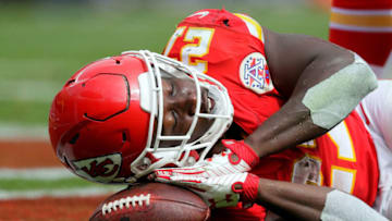 KANSAS CITY, MO - SEPTEMBER 17: Running back Kareem Hunt #27 of the Kansas City Chiefs celebrates after scoring a touchdown during the game against the Philadelphia Eagles at Arrowhead Stadium on September 17, 2017 in Kansas City, Missouri. (Photo by Jamie Squire/Getty Images)