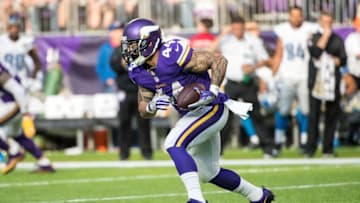 Nov 6, 2016; Minneapolis, MN, USA; Minnesota Vikings running back Matt Asiata (44) against the Detroit Lions at U.S. Bank Stadium. The Lions defeated the Vikings 22-16. Mandatory Credit: Brace Hemmelgarn-USA TODAY Sports