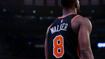 NEW YORK, NEW YORK - FEBRUARY 16: Kemba Walker #8 of the New York Knicks looks out during game against the Brooklyn Nets at Madison Square Garden on February 16, 2022 in New York City. NOTE TO USER: User expressly acknowledges and agrees that, by downloading and or using this photograph, User is consenting to the terms and conditions of the Getty Images License Agreement. (Photo by Michelle Farsi/Getty Images)