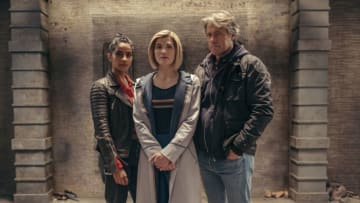 The Doctor (JODIE WHITTAKER) Yasmin Khan (MANDIP GILL), Dan (JOHN BISHOP) - Doctor Who _ Season 13 - Photo Credit: James Pardon/BBC Studios/BBC America