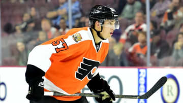 Sep 27, 2016; Philadelphia, PA, USA; Philadelphia Flyers defenseman Travis Sanheim (57) against the New York Islanders during a preseason hockey game at Wells Fargo Center. The Flyers defeated the Islanders, 4-0. Mandatory Credit: Eric Hartline-USA TODAY Sports