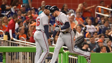 Sep 24, 2016; Miami, FL, USA; Atlanta Braves first baseman Freddie Freeman (5) rounds third base after hitting a solo home run against the Atlanta Braves at Marlins Park. The Miami Marlins defeat the Atlanta Braves 6-4. Mandatory Credit: Jasen Vinlove-USA TODAY Sports