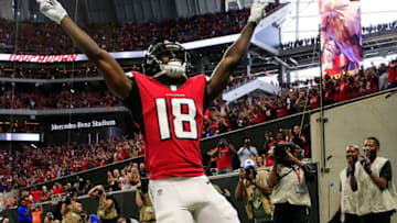 ATLANTA, GA - SEPTEMBER 23: Calvin Ridley #18 of the Atlanta Falcons celebrates a touchdown catch during the first half against the New Orleans Saints at Mercedes-Benz Stadium on September 23, 2018 in Atlanta, Georgia. (Photo by Daniel Shirey/Getty Images)