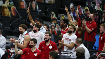 IOWA CITY, IOWA- JANUARY 21: The Indiana Hoosiers celebrate on the bench as their team pulls ahead in the second half against the Iowa Hawkeyes at Carver-Hawkeye Arena on January 21, 2021 in Iowa City, Iowa. (Photo by Matthew Holst/Getty Images)