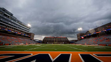 CHAMPAIGN, IL - SEPTEMBER 20: Storm clouds roll in during the game between the Illinois Fighting Illini and Texas State Bobcats at Memorial Stadium on September 20, 2014 in Champaign, Illinois. Play was suspended until the weather passed. (Photo by Michael Hickey/Getty Images)