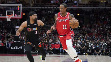 Miami Heat guard Gabe Vincent (2) defends Chicago Bulls forward DeMar DeRozan. Mandatory Credit: David Banks-USA TODAY Sports