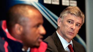 MUNICH, GERMANY- FEBRUARY 21: Patrick Vieira, Captain of Arsenal and Arsene Wenger the Arsenal Manager talk to the Press on the Eve of the Champions League Match against Bayern Munich on February 21, 2005 in Munich, Germany. (Photo by Phil Cole/Getty Images)
