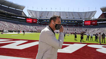 Oct 3, 2020; Tuscaloosa, Alabama, USA; Alabama offensive coordinator Steve Sarkisian walks around Bryant-Denny Stadium before the game with Texas A&M. Mandatory Credit: Gary Cosby Jr/The Tuscaloosa News via USA TODAY Sports