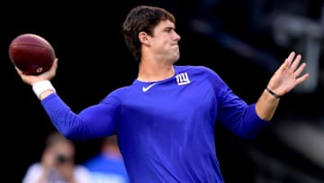 EAST RUTHERFORD, NEW JERSEY - AUGUST 16: Daniel Jones #8 of the New York Giants warms up prior to a preseason game against the Chicago Bears at MetLife Stadium on August 16, 2019 in East Rutherford, New Jersey. (Photo by Steven Ryan/Getty Images)