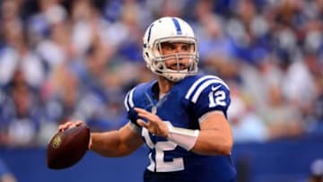 Sep 28, 2014; Indianapolis, IN, USA; Indianapolis Colts quarterback Andrew Luck (12) against the Tennessee Titans at Lucas Oil Stadium. Mandatory Credit: Andrew Weber-USA TODAY Sports