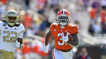 Oct 17, 2020; Atlanta, GA, USA; Clemson wide receiver Amari Rodgers (3) runs for a touchdown during the first half of an NCAA college football game at Bobby Dodd Stadium. Mandatory Credit: Hyosub Shin/Pool Photo-USA TODAY Sports